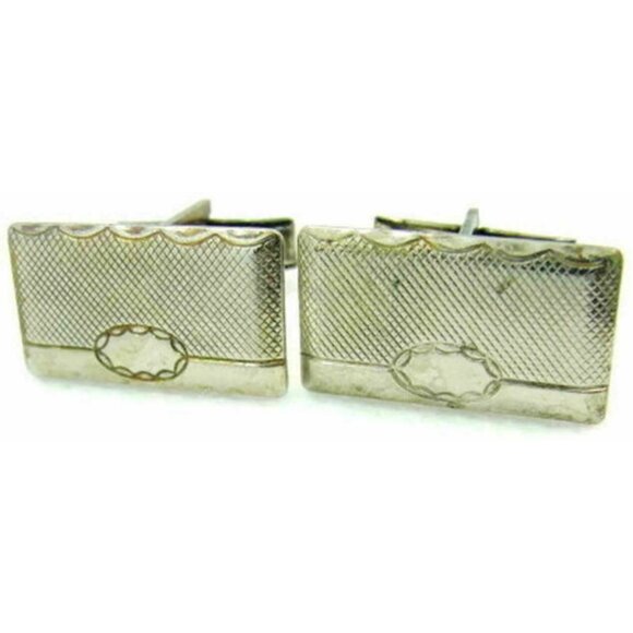 Rectangle Etched Engraveable Bullet Silver Tone 1" x 1/2" Men Vintage Cufflinks - Picture 5 of 7